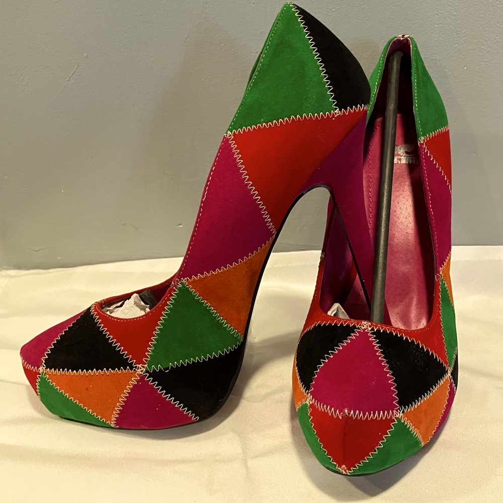 Multi color suede heels, size 10